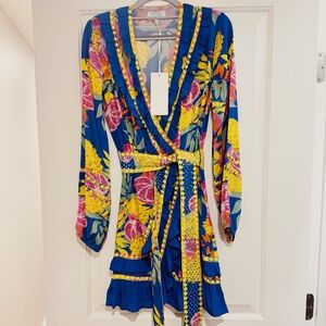 NWT TAJ by Sabrina Blue Pomegranate Wrap Dress